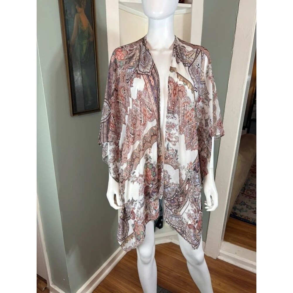 Karen Kane Asymmetrical Sheer Paisley Kimono Coverup Lightweight Jacket S/M